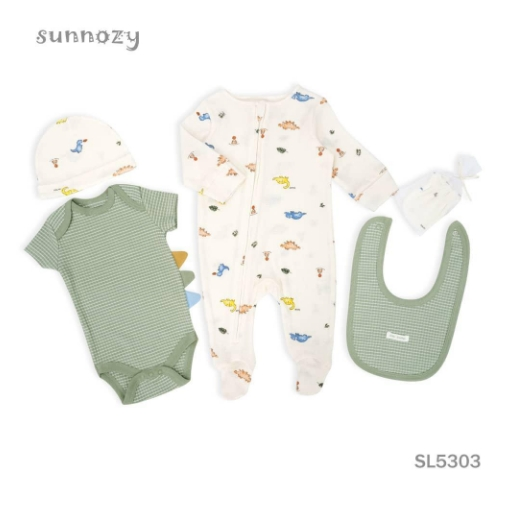 ست ۵ تیکه لباس نوزادی سرهمی بادی یا زیر مامی کلاه پیشبند دستکش